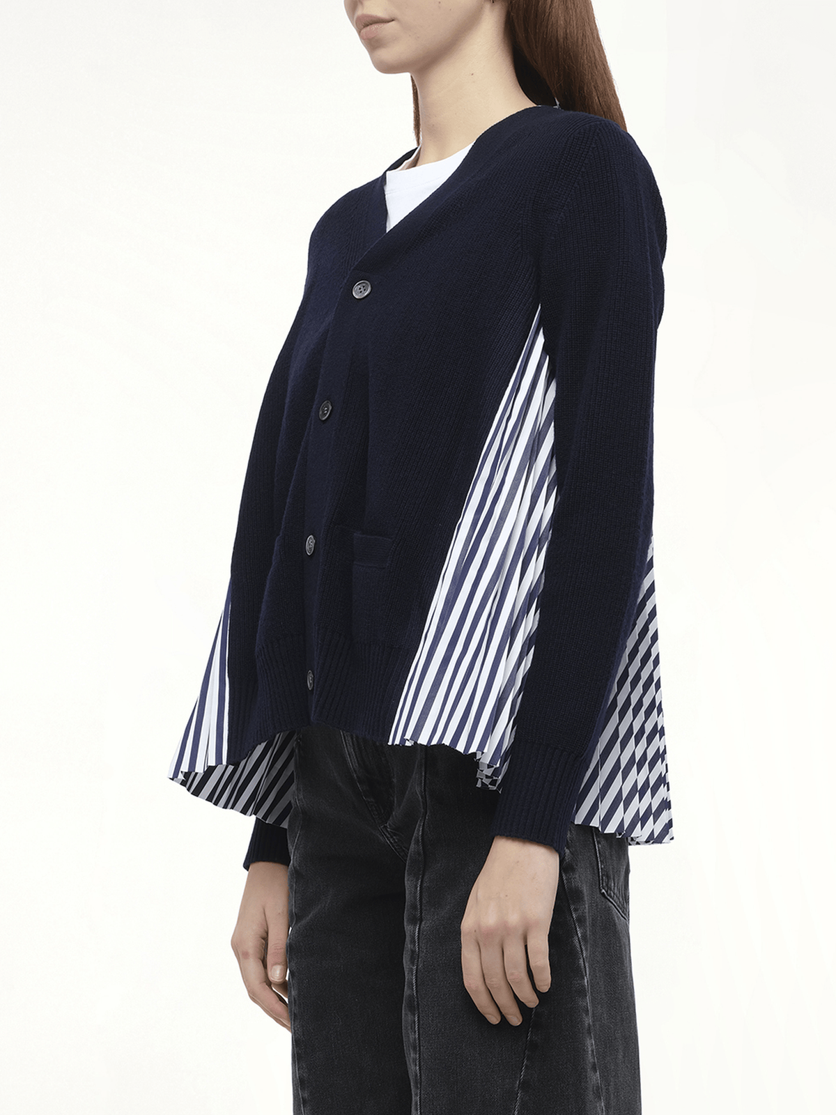Wool Knit x Cotton Poplin Cardigan in Navy/NavyStripe
