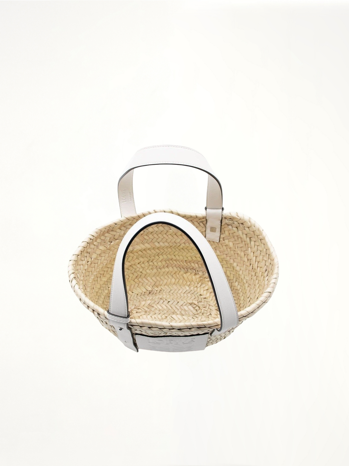 Small Basket Bag in Palm Leaf and Calfskin in Natural/White