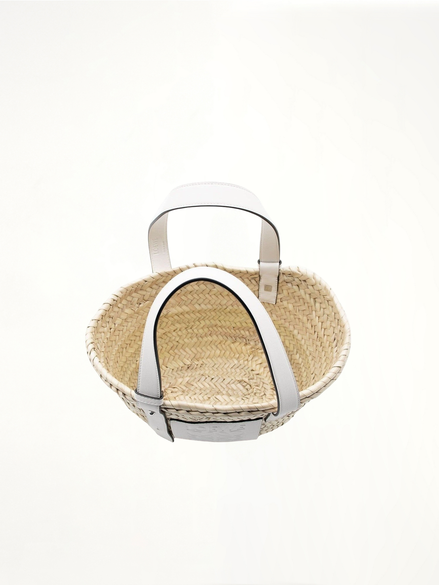 Small Basket Bag in Palm Leaf and Calfskin in Natural/White