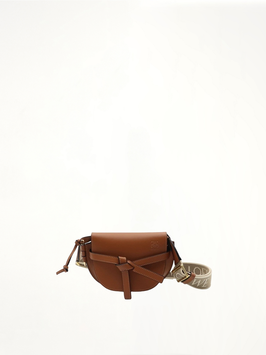 Mini Gate Dual Bag in Soft Calfskin and Jacquard Strap in Tan