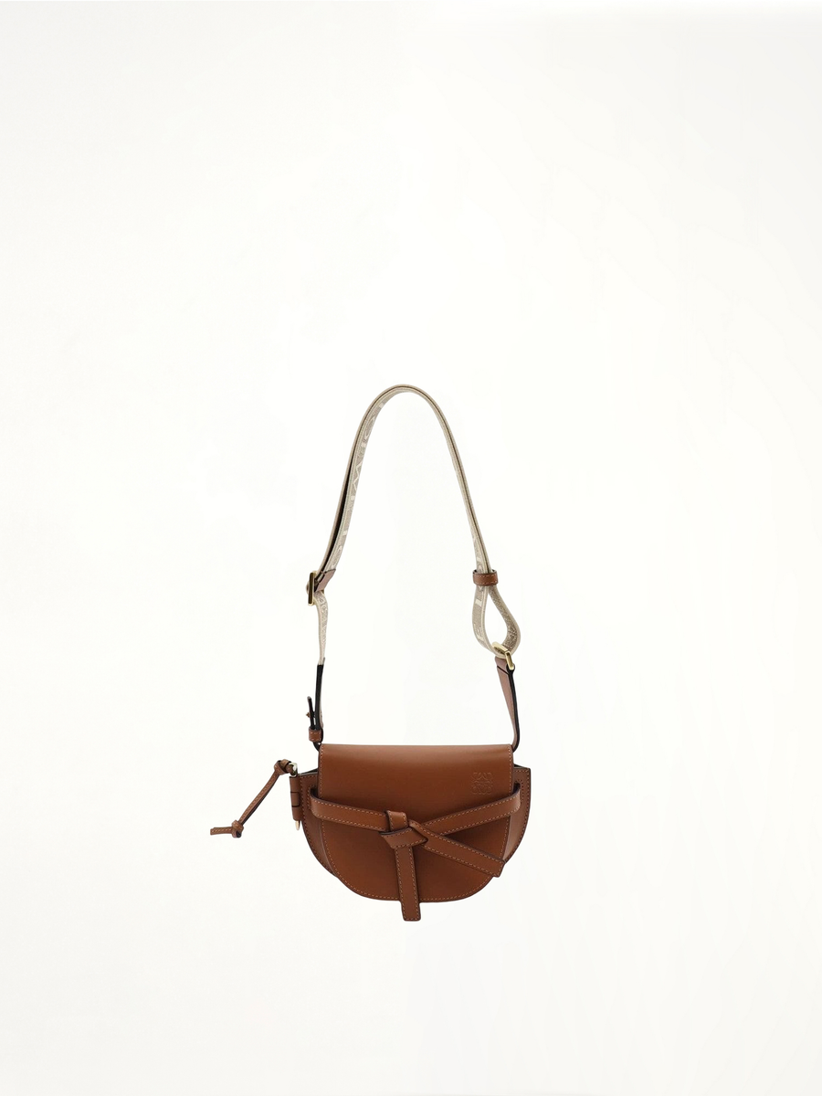 Mini Gate Dual Bag in Soft Calfskin and Jacquard Strap in Tan