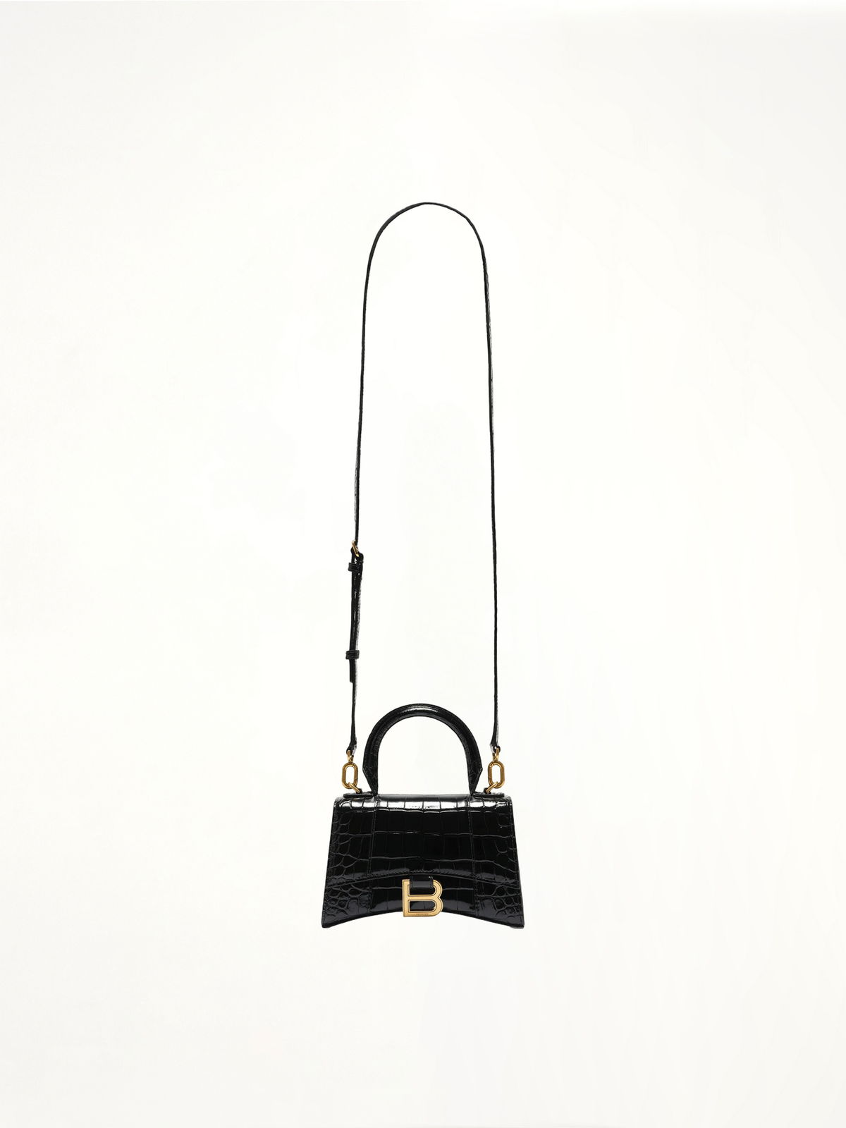 Hourglass XS Croco Embossed Bag in Black with Gold Plaque