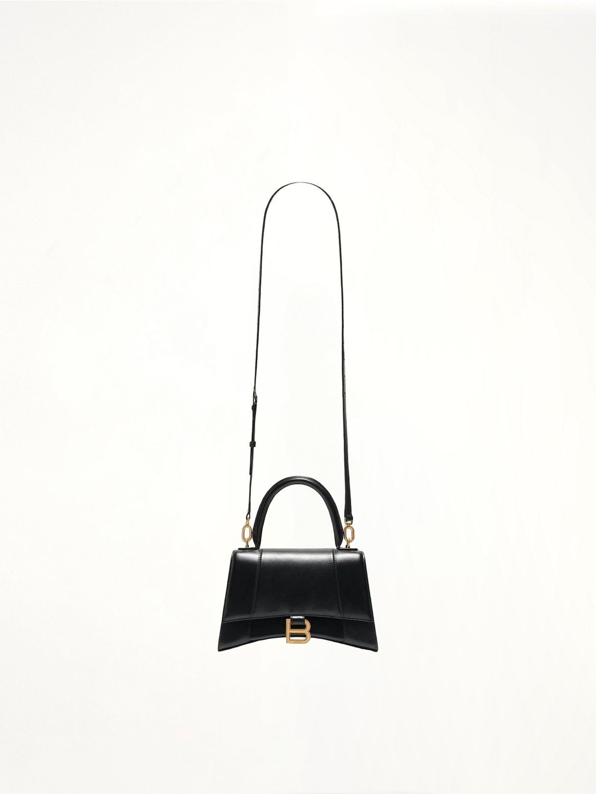 Hourglass Small Handbag in Box Calfskin in Black with Gold Plaque