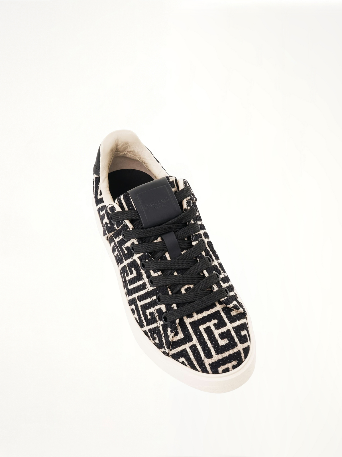B-Court Monogram Jacquard Sneaker in Ivory/Black Top View | BALMAIN