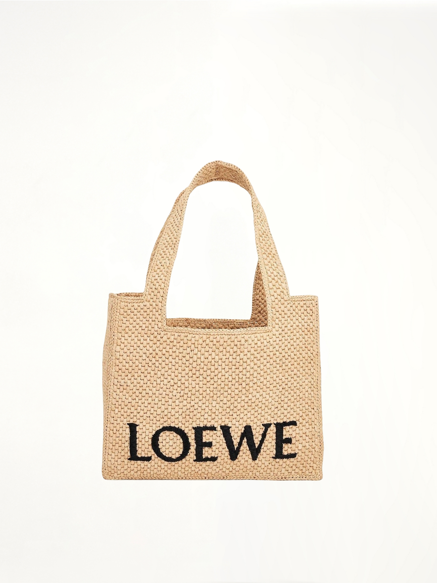 Medium Logo Font Tote Bag in Raffia and Calfskin in Natural