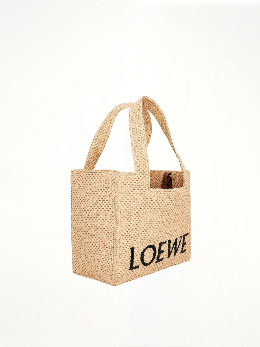Medium Logo Font Tote Bag in Raffia and Calfskin in Natural