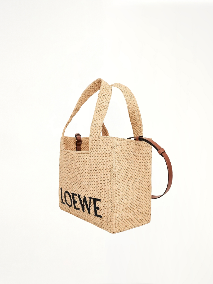 Medium Logo Font Tote Bag in Raffia and Calfskin in Natural