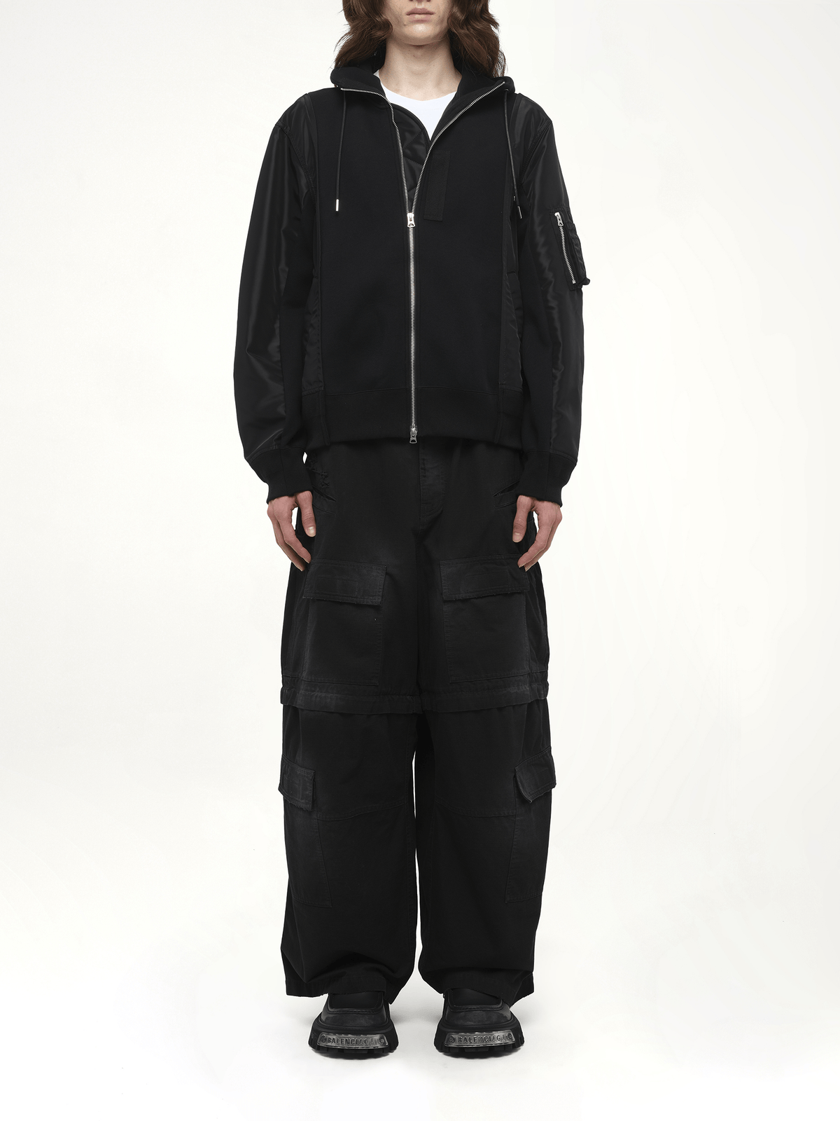 Sponge Sweat Nylon Twill Hoodie in Black/Black