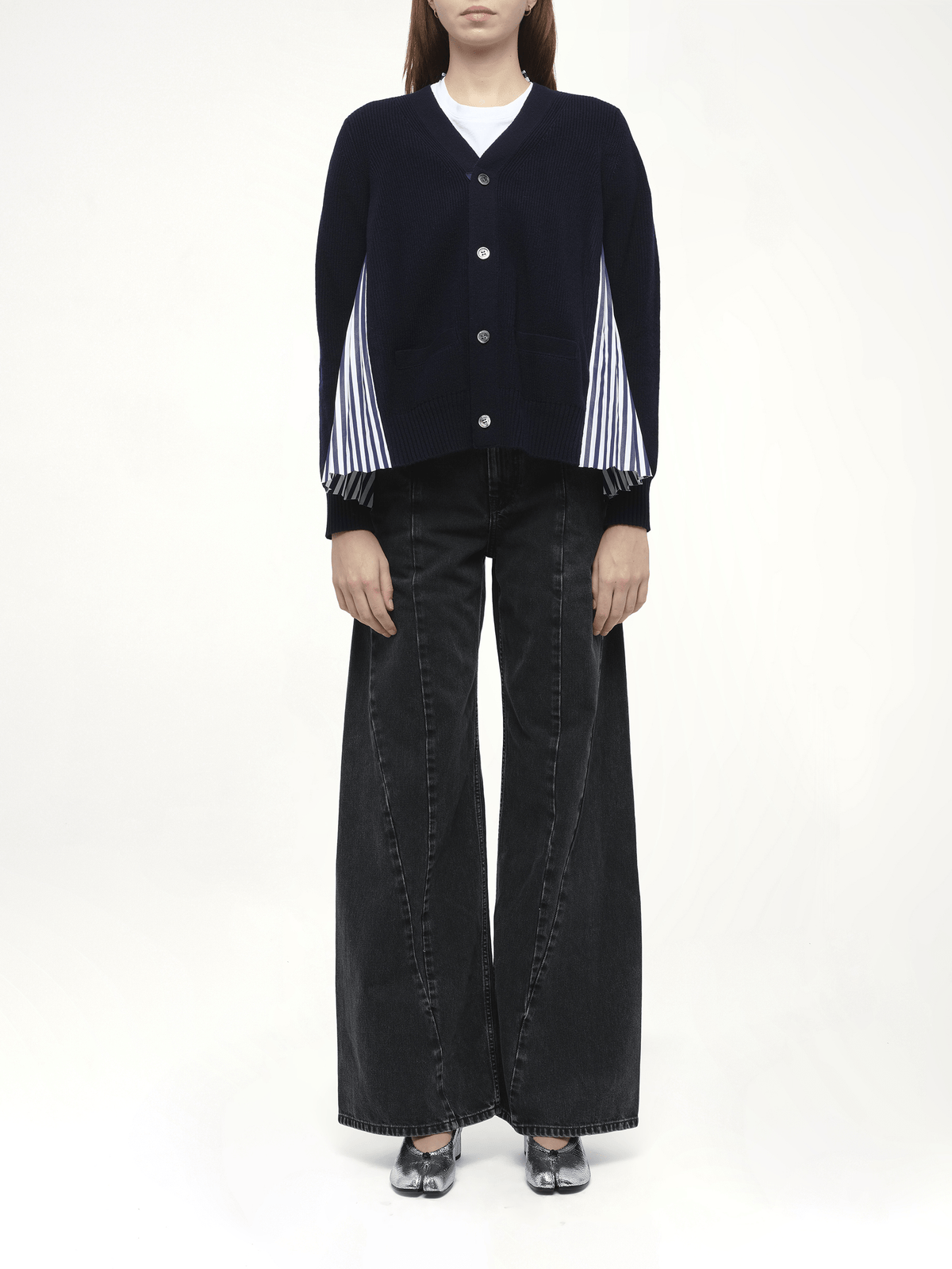 Wool Knit x Cotton Poplin Cardigan in Navy/NavyStripe