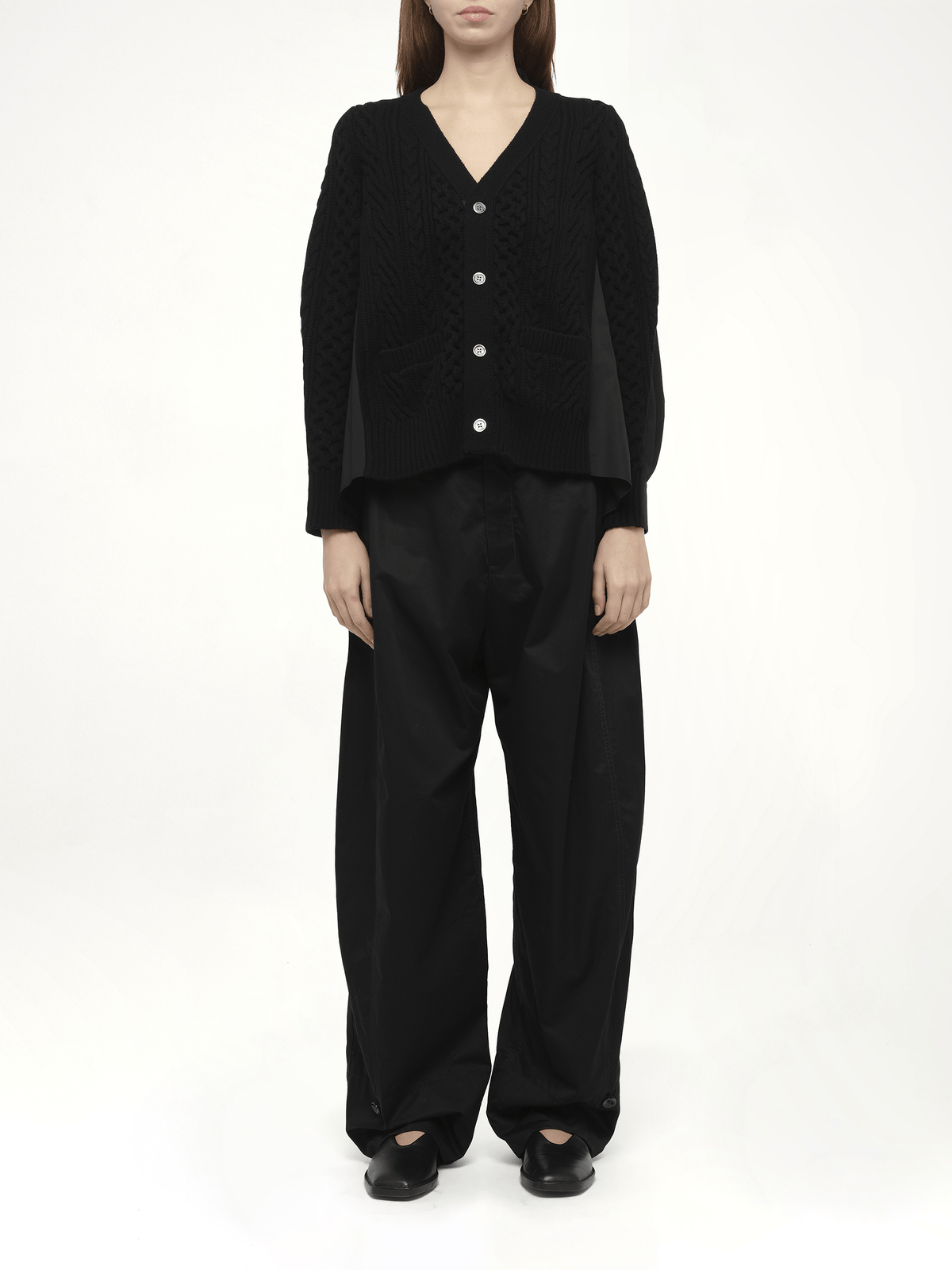 Wool Knit x Cotton Poplin Cardigan in Black/Black