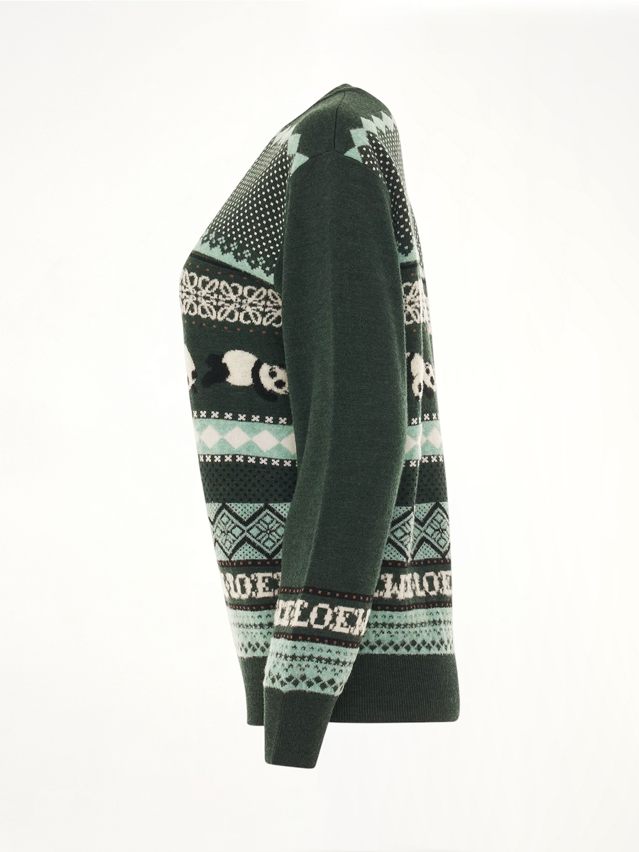 Suna Fujita Panda Knit Sweater in Dark Green/Multicolour