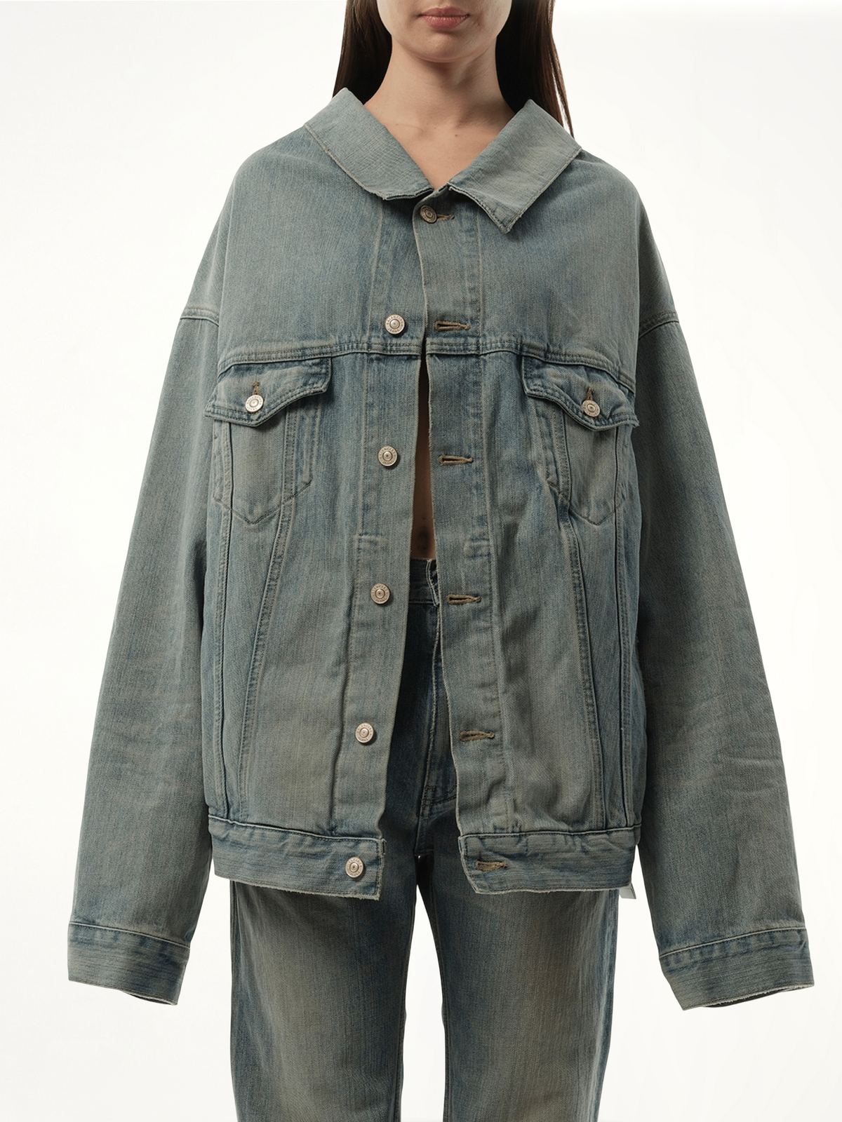 Off Shoulder Selvedge Denim Jacket in Blue