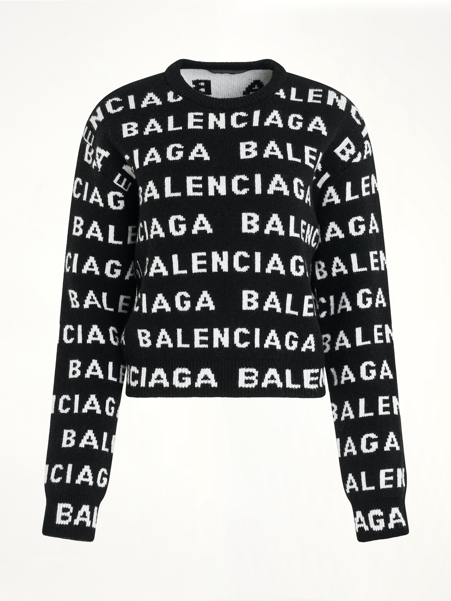 All-Over Logo Cropped Sweater in Black/White