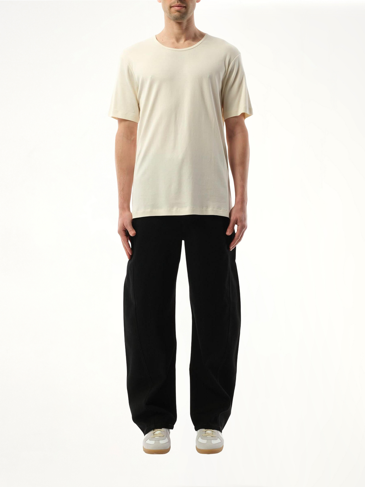 Rib U Neck T-Shirt in Light Cream