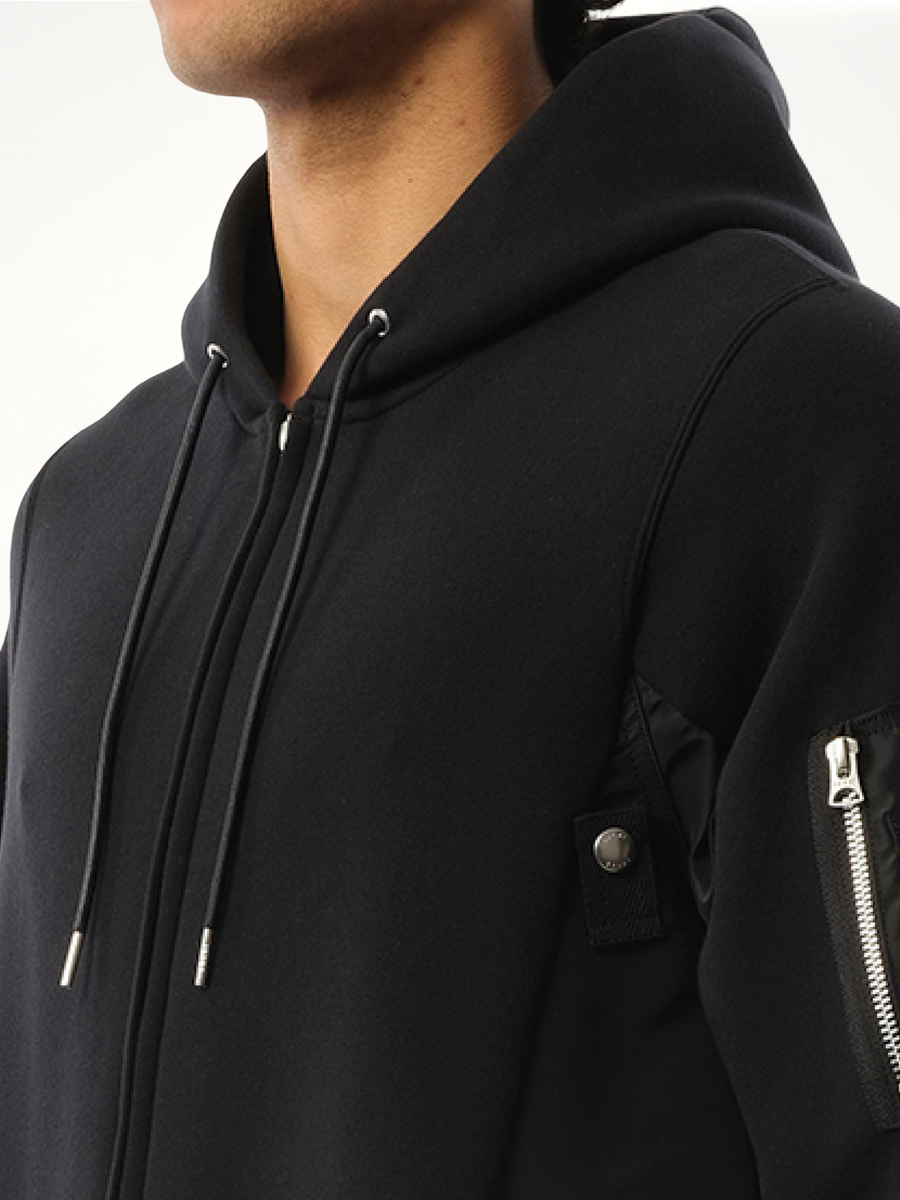Sponge Sweat Nylon Twill Zip Hoodie in Black
