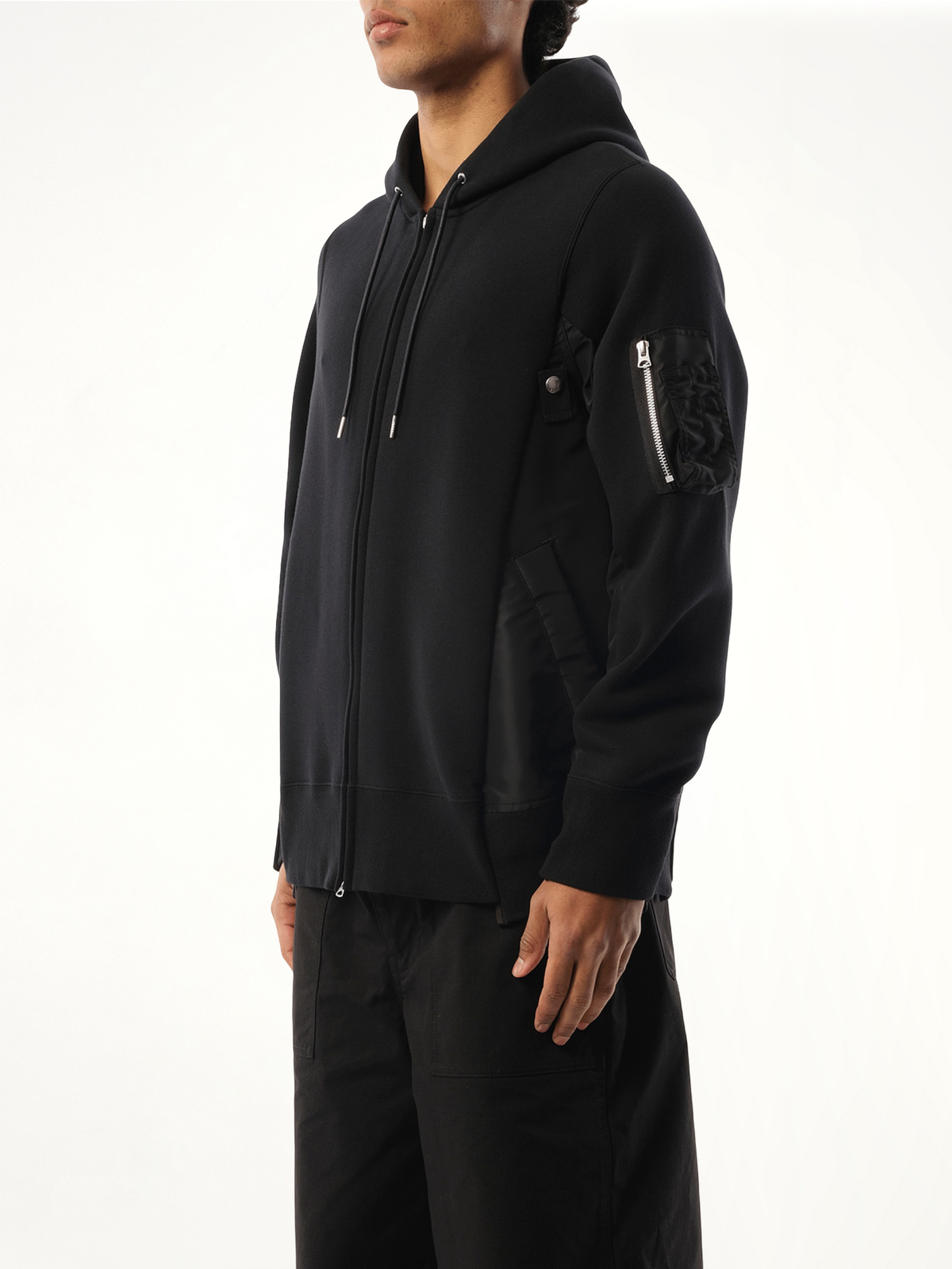 Sponge Sweat Nylon Twill Zip Hoodie in Black