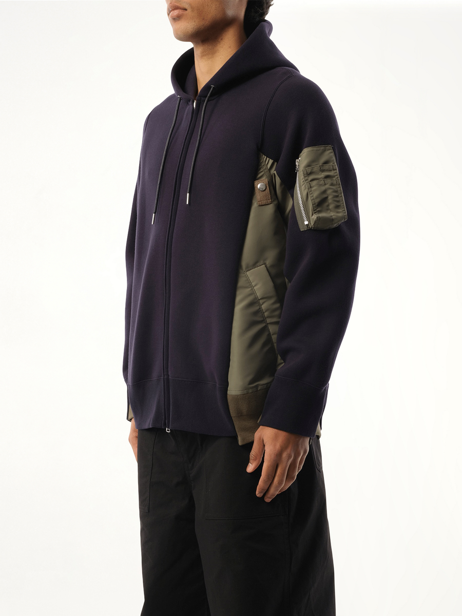 Sponge Sweat Nylon Twill Zip Hoodie in Navy/Khaki