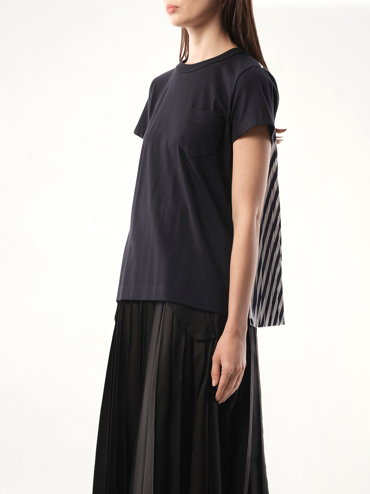 Cotton Poplin x Jersey T-Shirt in Navy/Navy Stripe