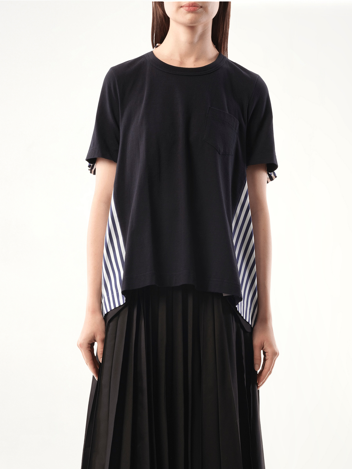 Cotton Poplin x Cotton Jersey T-Shirt in Navy/Navy Stripe