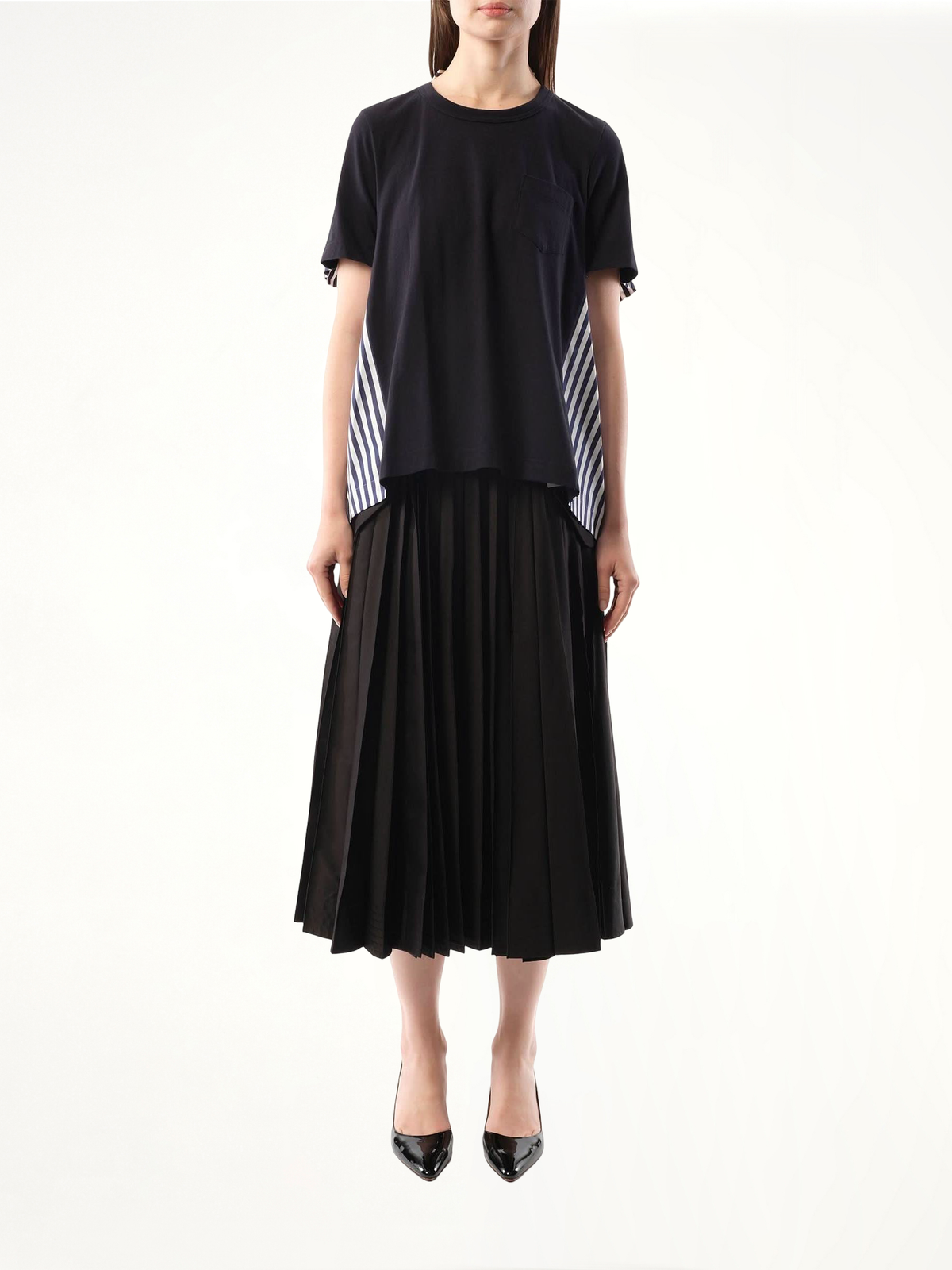 Cotton Poplin x Cotton Jersey T-Shirt in Navy/Navy Stripe