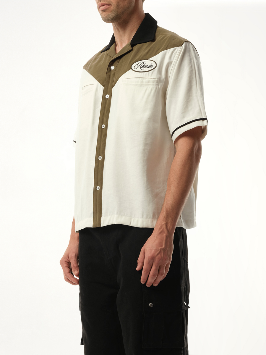 Town&Country Bowling Shirt in Military Green/Off White