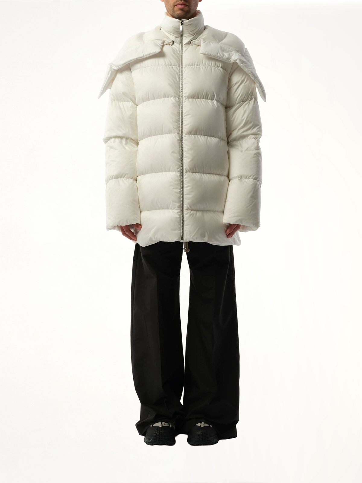 Rick Owens x Moncler Hooded Cyclopic Coat in Milk