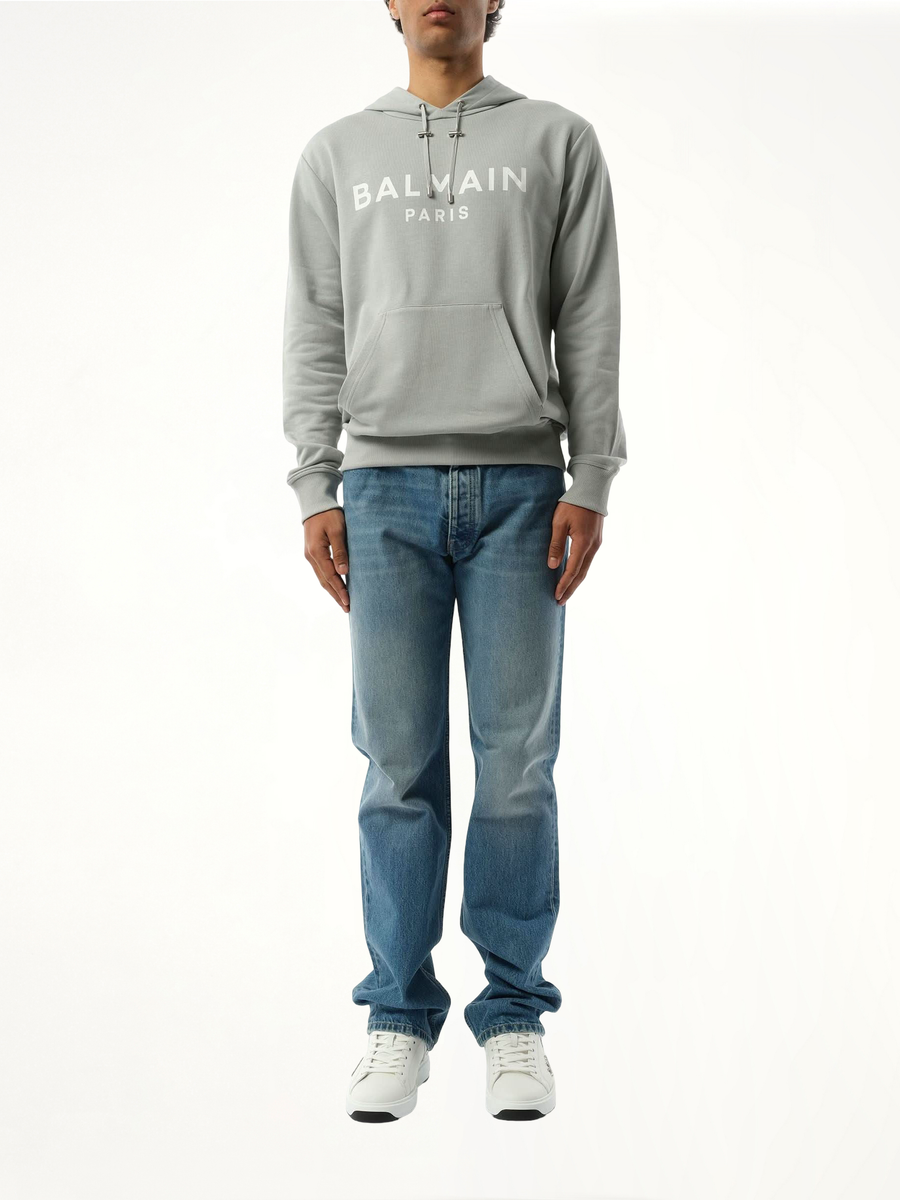 Balmain Print Hoodie in Grey/White