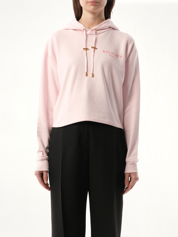 Balmain Flock Detail Cropped Hoodie in Pink