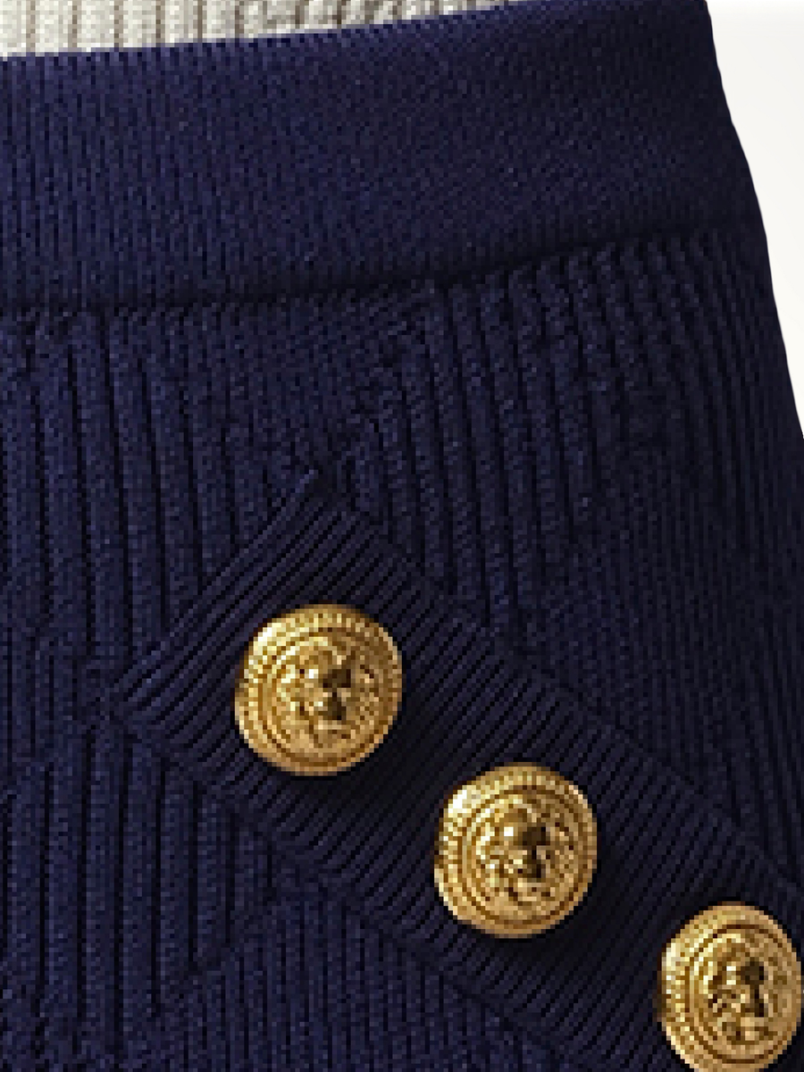 6 Button Vichy Knit Short Skirt in Midnight Blue