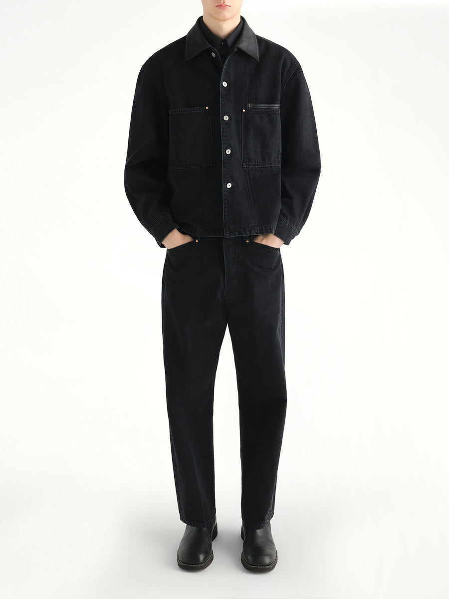 Workwear Overshirt With Leather Collar in Black
