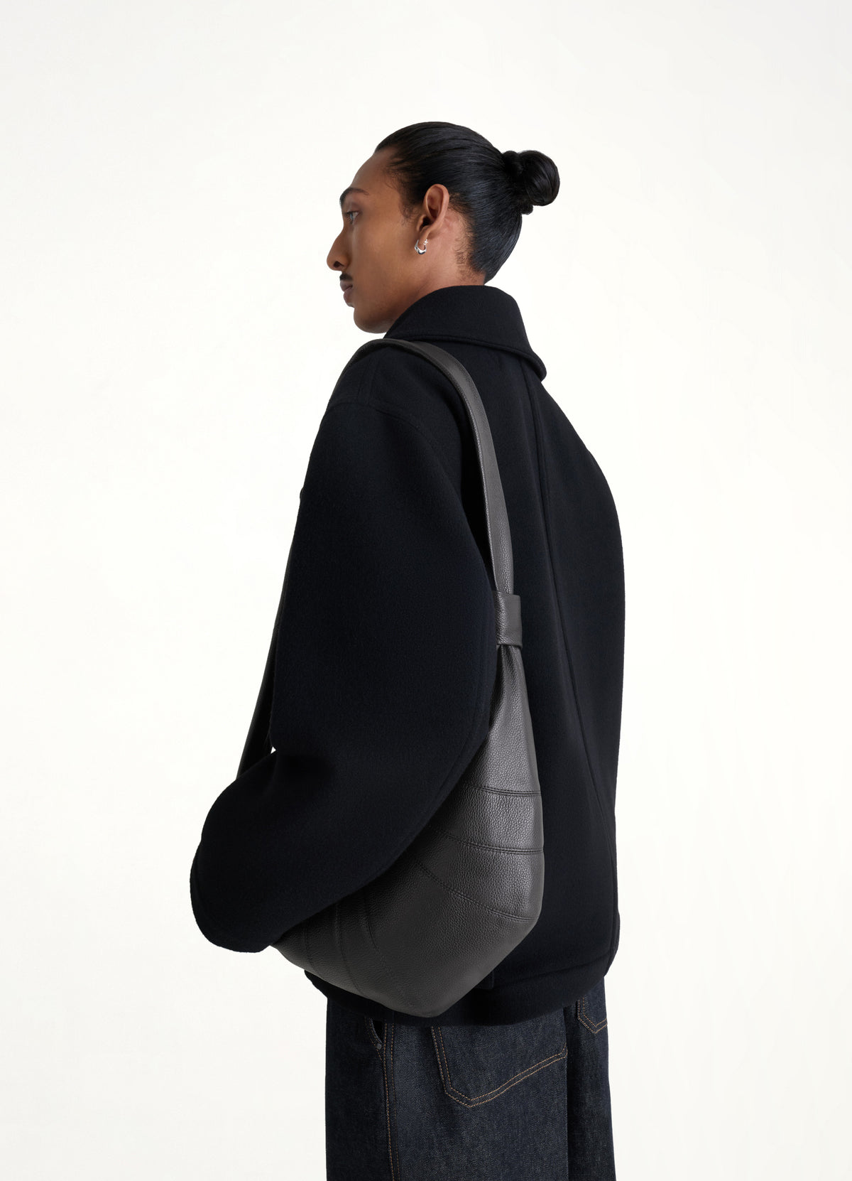 Croissant Medium Grained Leather Bag in Black