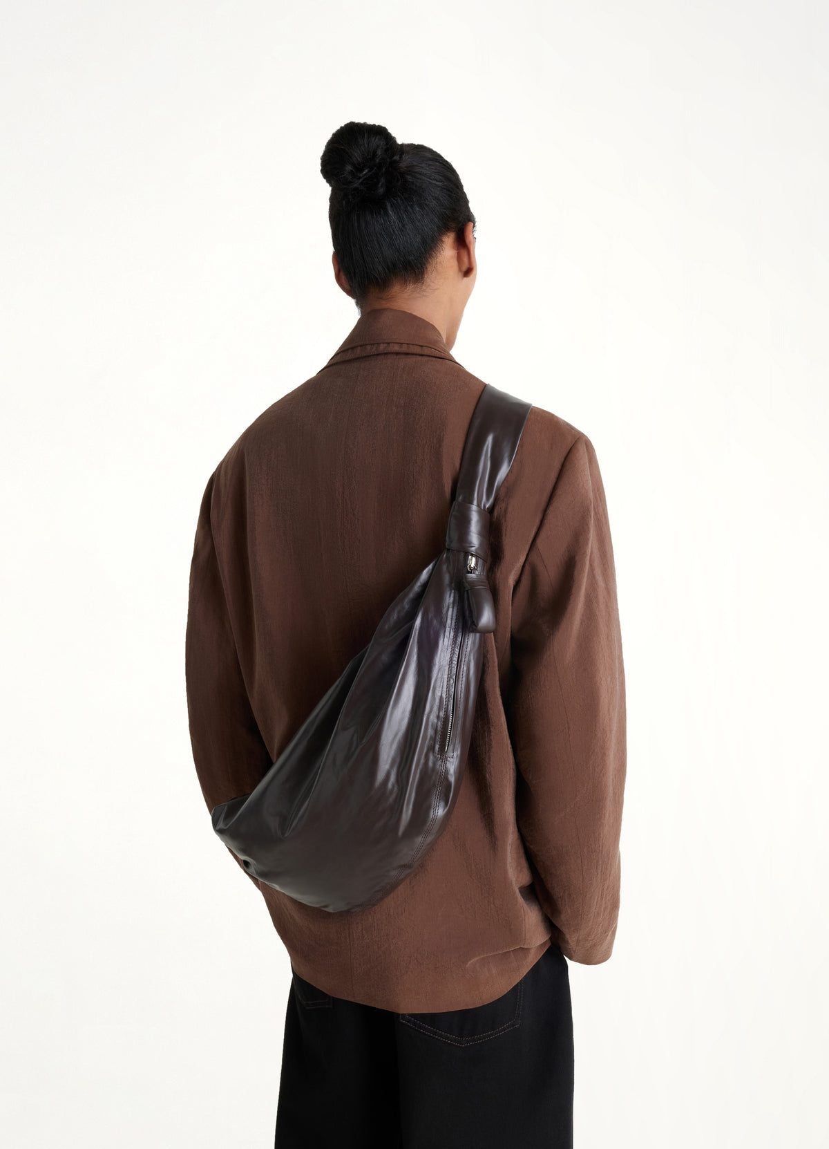 Soft Croissant Medium Paper Leather Bag in Dark Chocolate