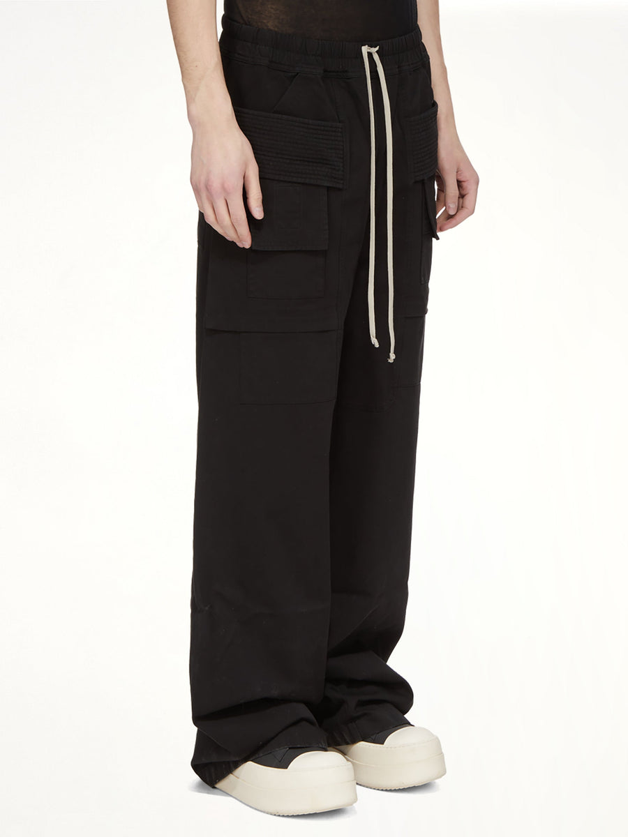 Cotton Twill Creatch Wide Cargo Drawstring Pants in Black