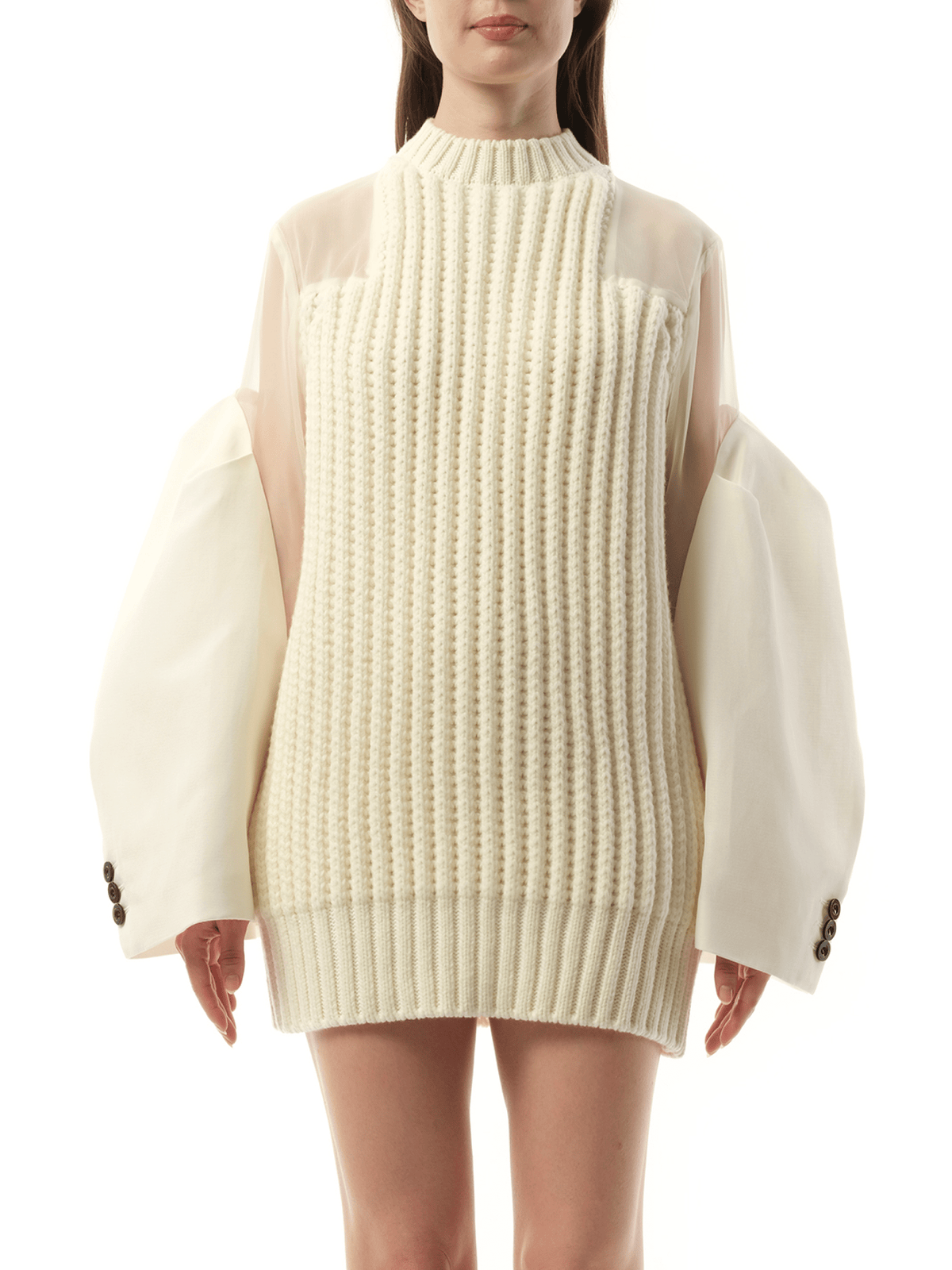 Silk Chiffon Mix Knit Dress in Off White