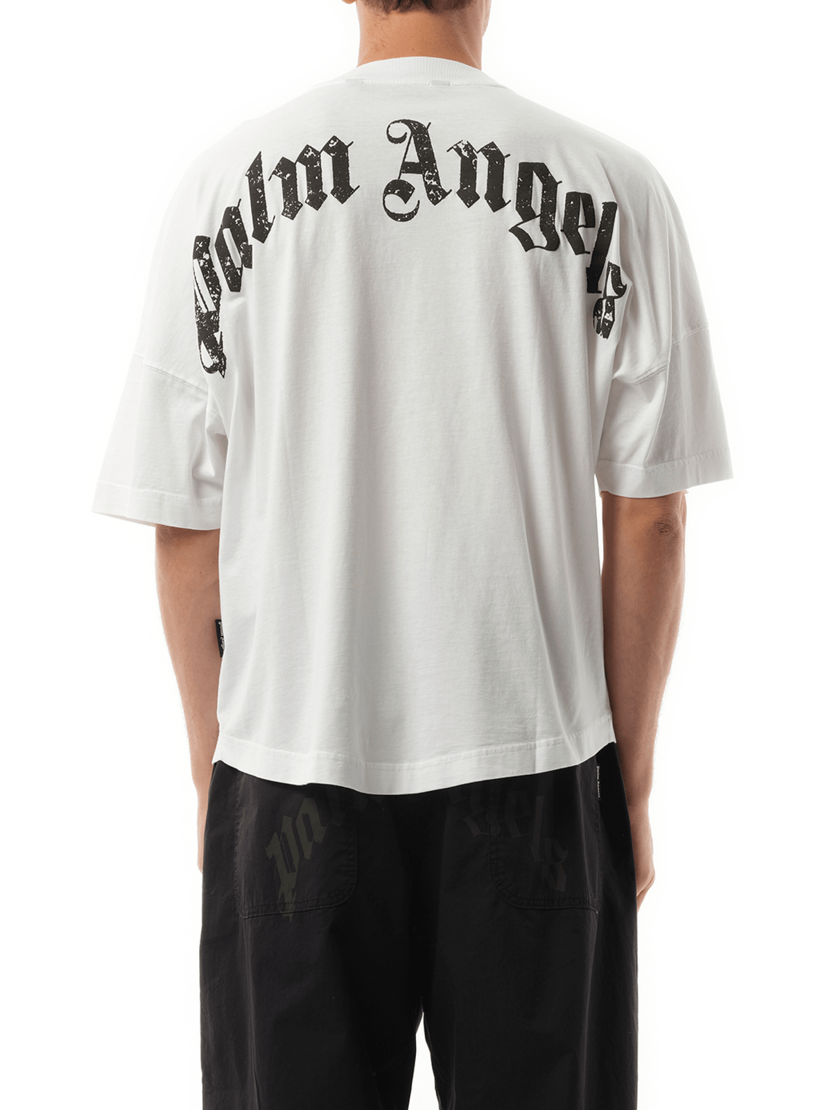 Palm Angels Back Curved Logo Over T-Shirt in Off White/Black