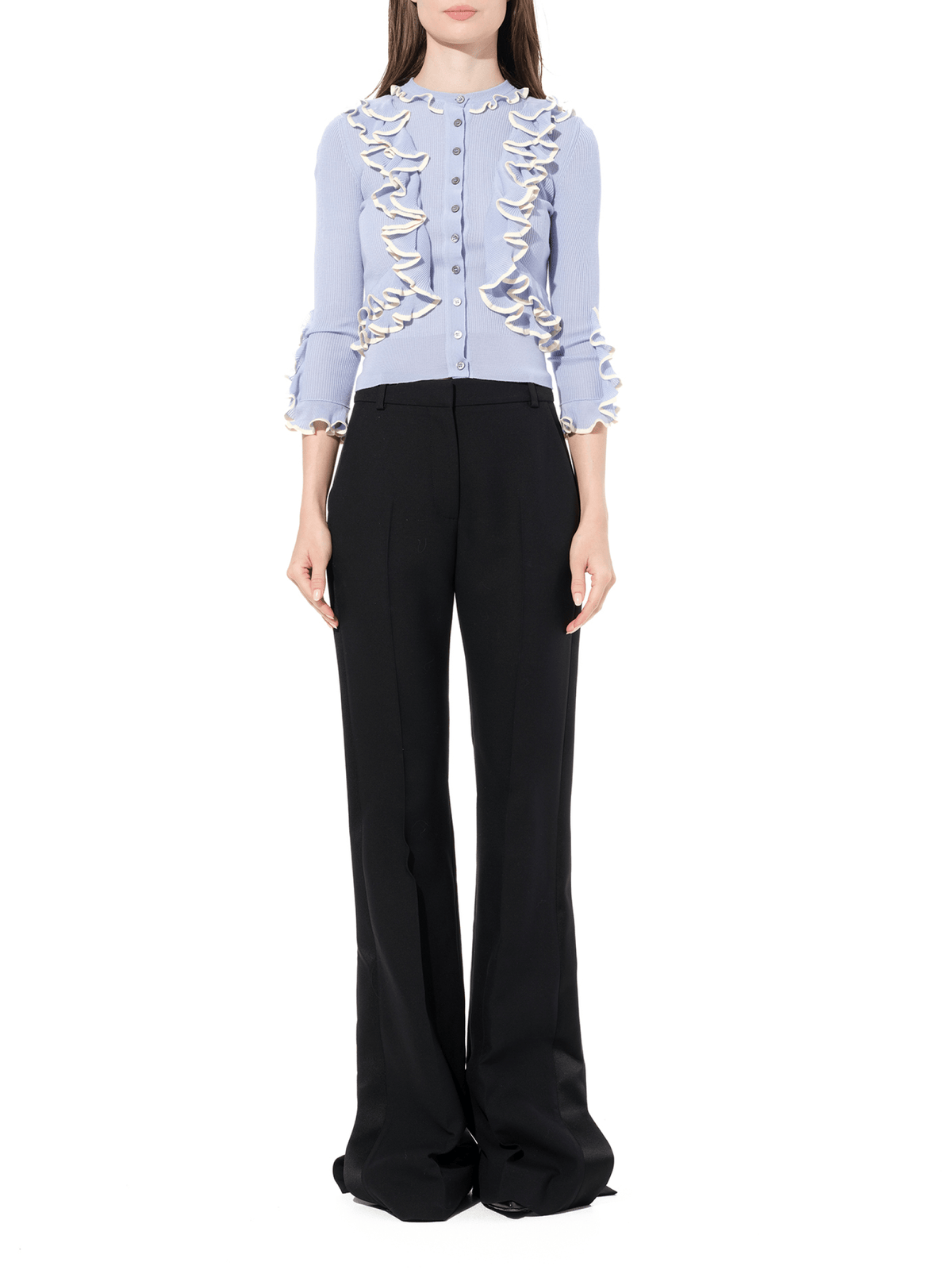 Ruffle Knit Cardigan in Light Blue