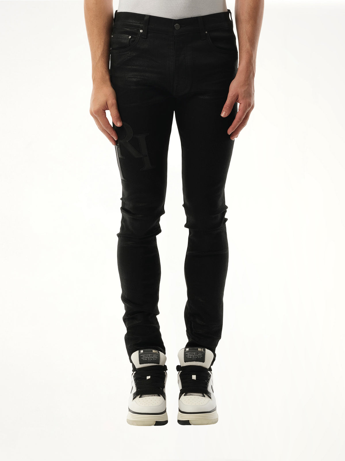 Waxed Staggered Logo Skinny Jeans in Black Wax