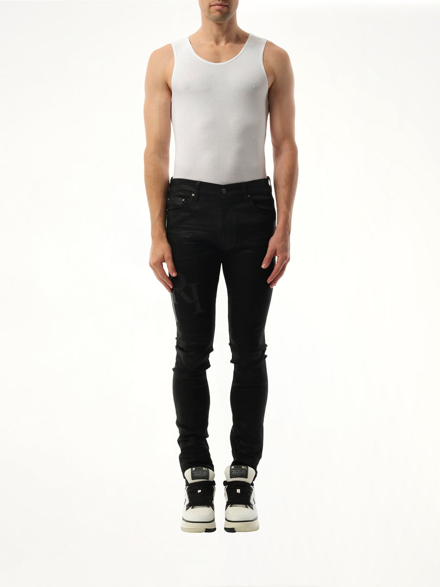 Waxed Staggered Logo Skinny Jeans in Black Wax