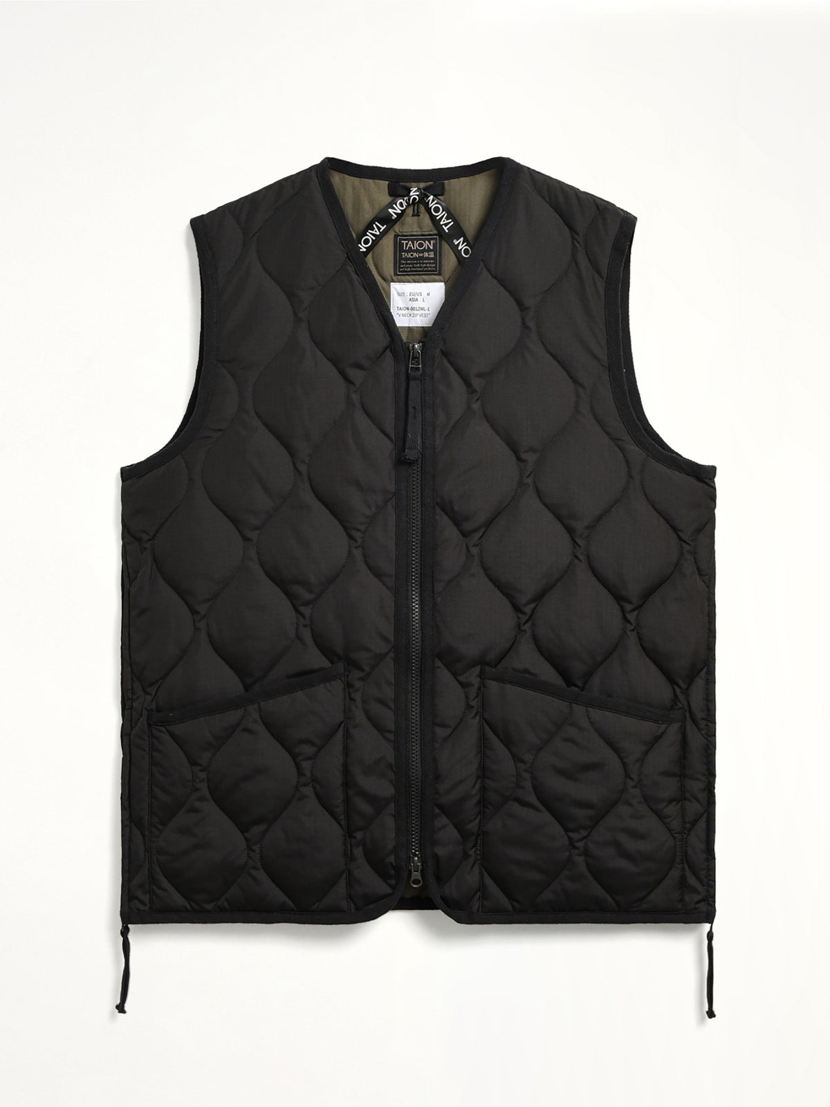 Military Zip V Neck Down Jacket in Black
