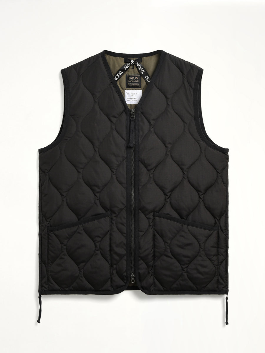 Military Zip V Neck Down Jacket in Black