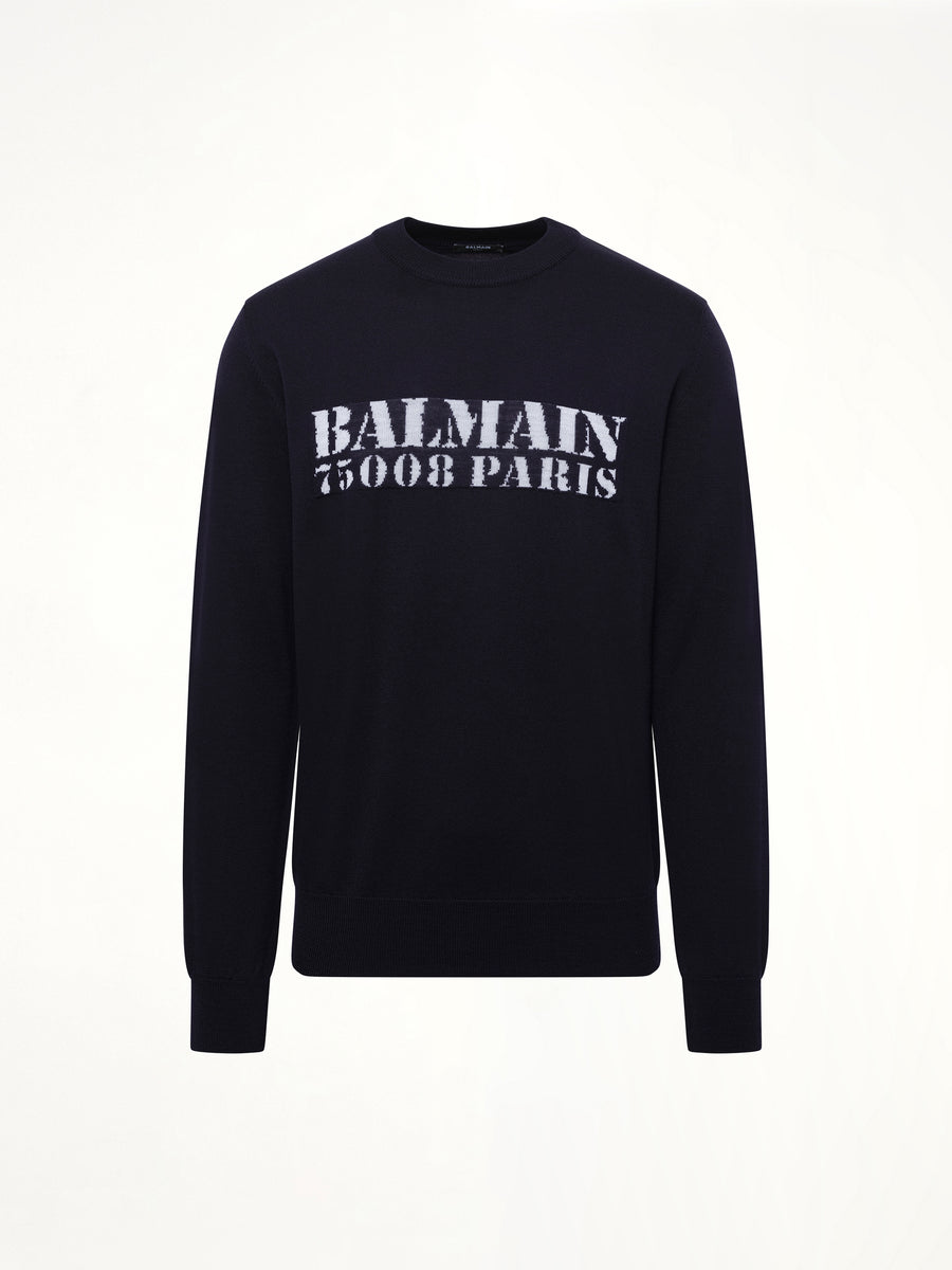 Balmain Big Stamp Knit Sweater in Navy/White