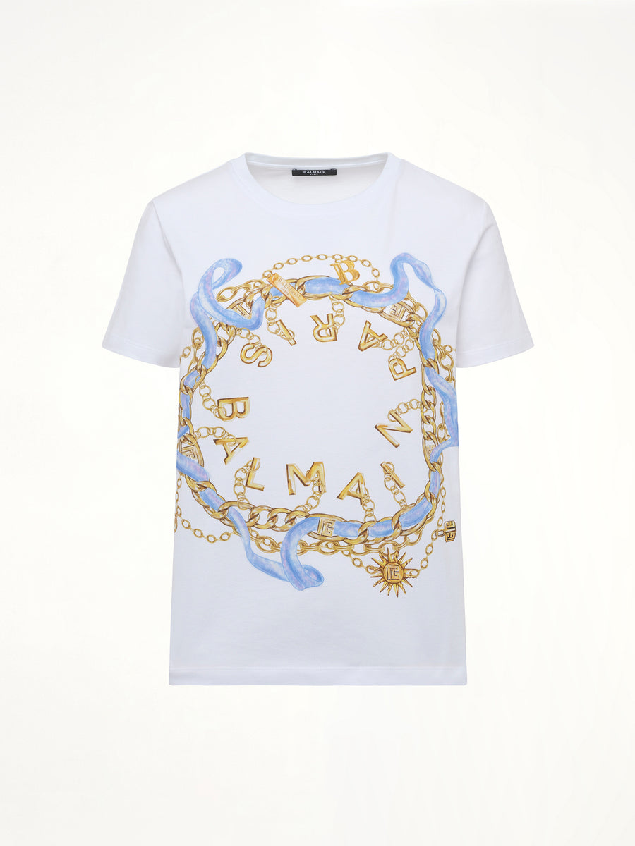Balmain Paris Chain T-Shirt in White/Blue/Gold