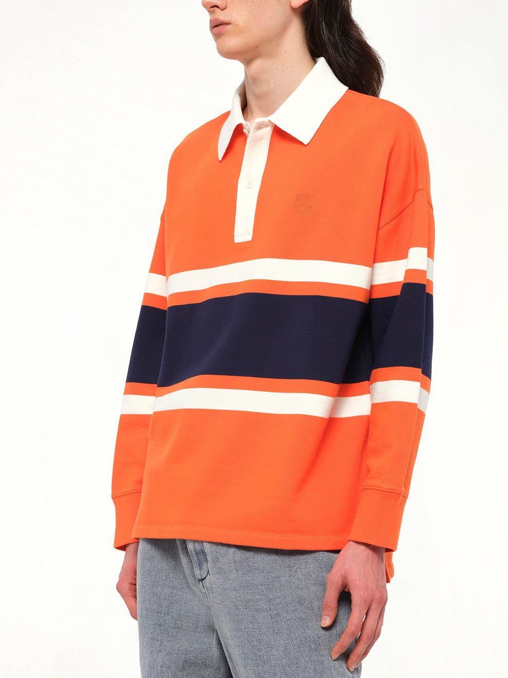 Long Sleeve Polo in Orange/Navy Blue