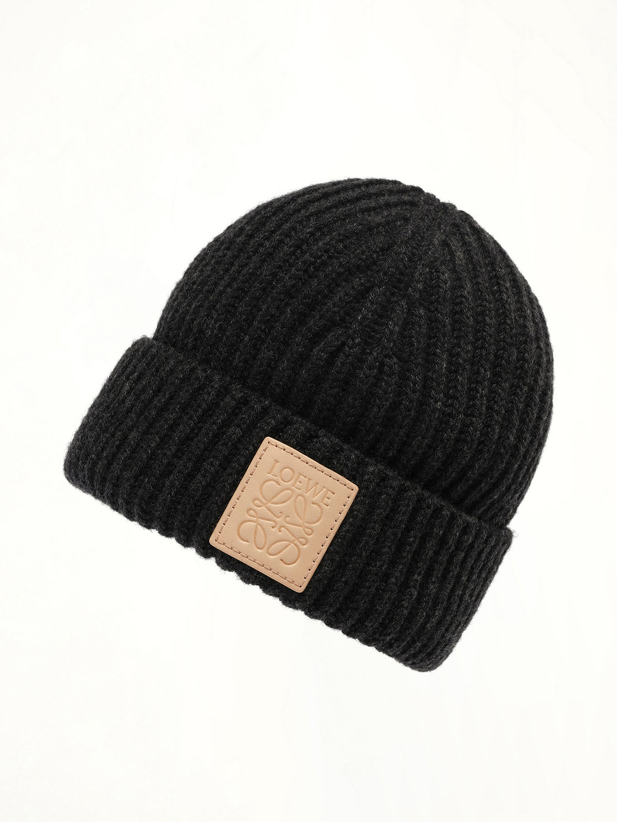 Leather Patch Beanie in Black