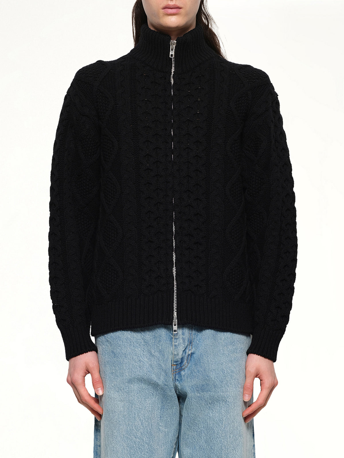 Cable Knit Zip Up in Black