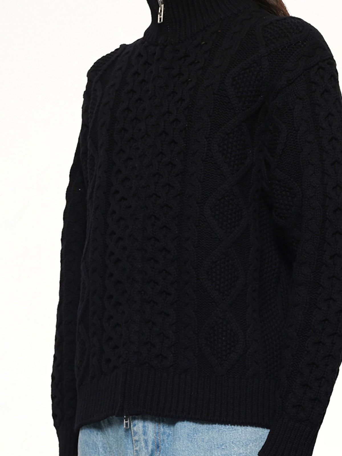 Cable Knit Zip Up in Black
