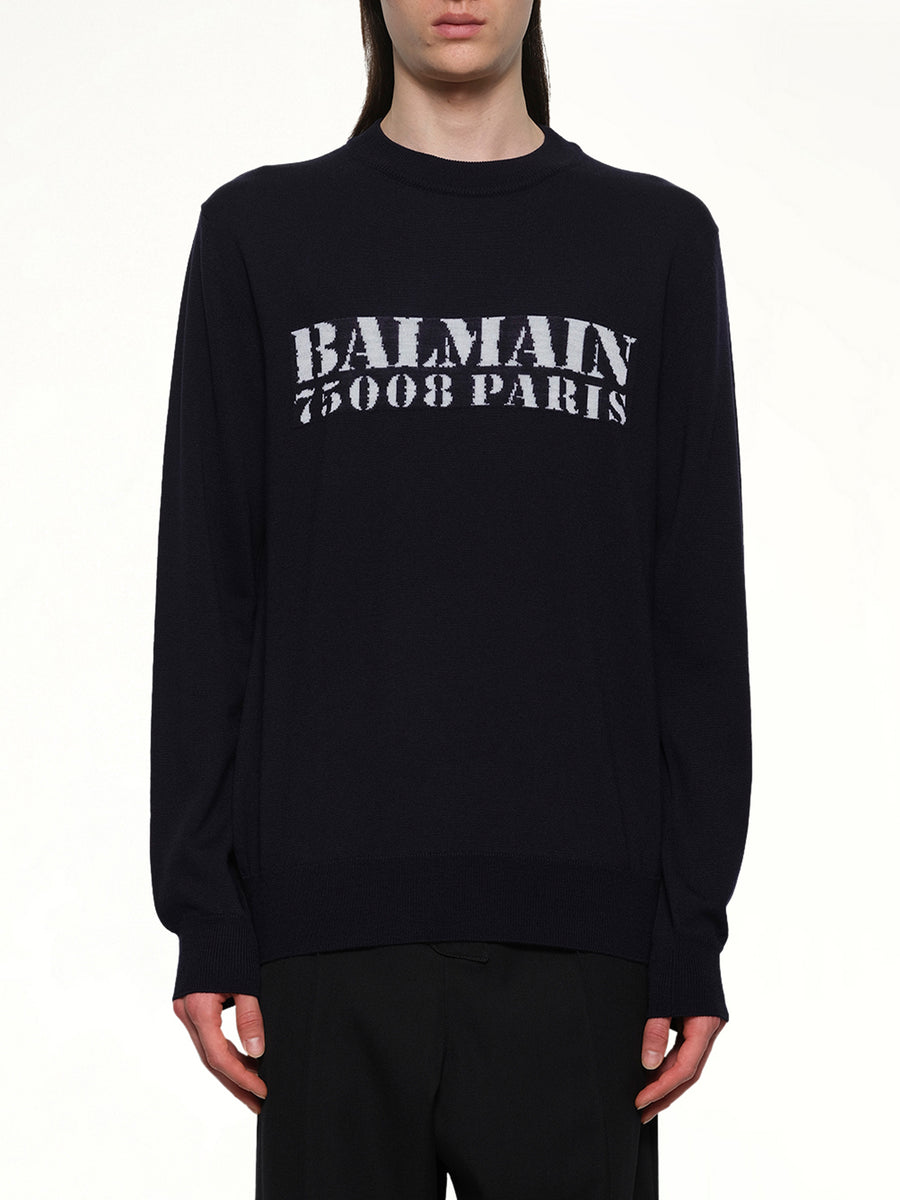 Balmain Big Stamp Knit Sweater in Navy/White