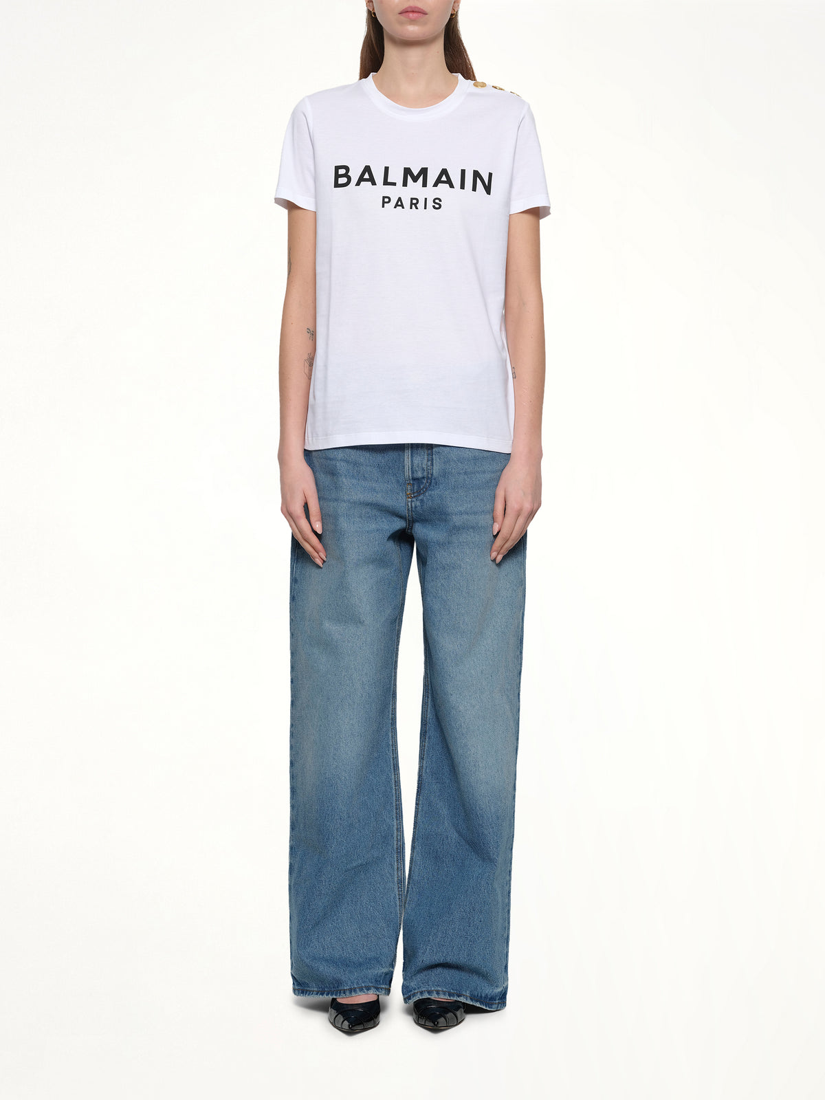 3 Button Printed Logo Classic Fit T-Shirt in White/Black