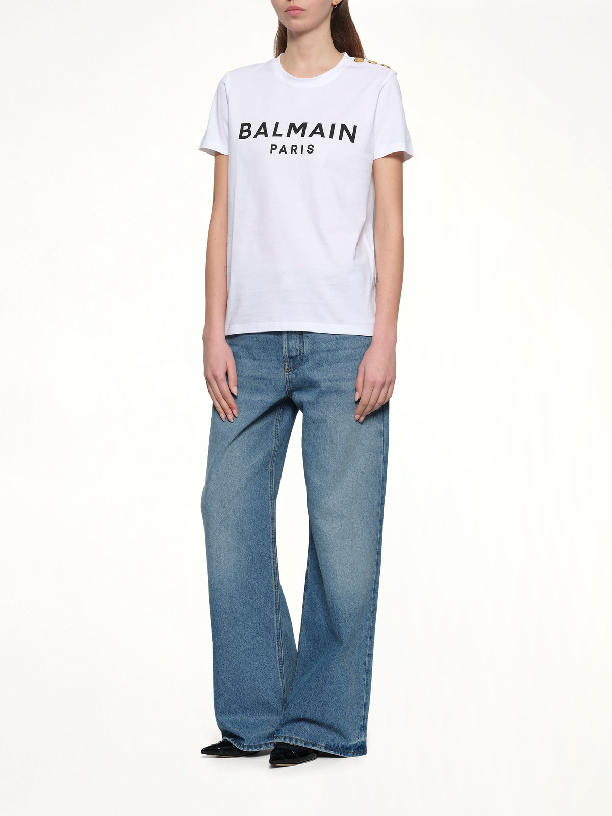 3 Button Printed Logo Classic Fit T-Shirt in White/Black