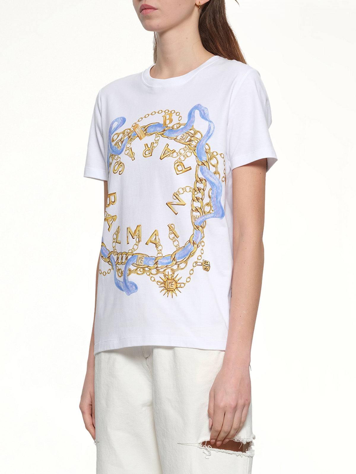 Balmain Paris Chain T-Shirt in White/Blue/Gold